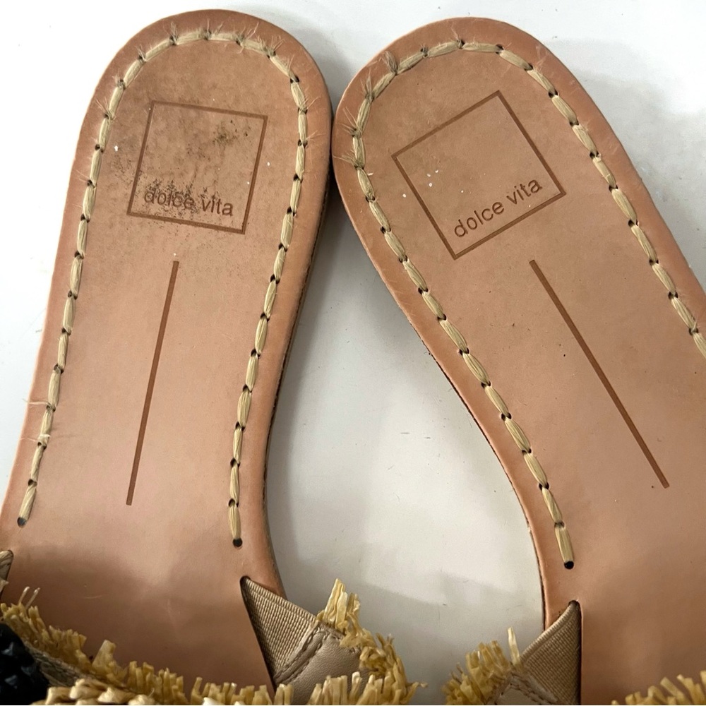Dolce Vita Raffia Pom Slide Sandals Size 9.5 Neutral Black Tan - Picture 3 of 5